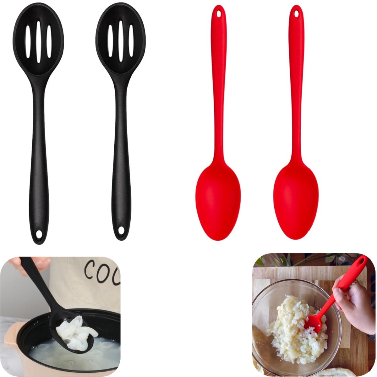 4 stuks lepels - schuimlepel - dichte lepel - soeplepel - roerlepel - siliconen kooklepel - hittebestendig - gemakkelijk schoon te maken - op te hangen - keukenaccessoires - geschikt voor keuken, restaurant, bakken (meerkleurig, 27,5*5,8 cm)