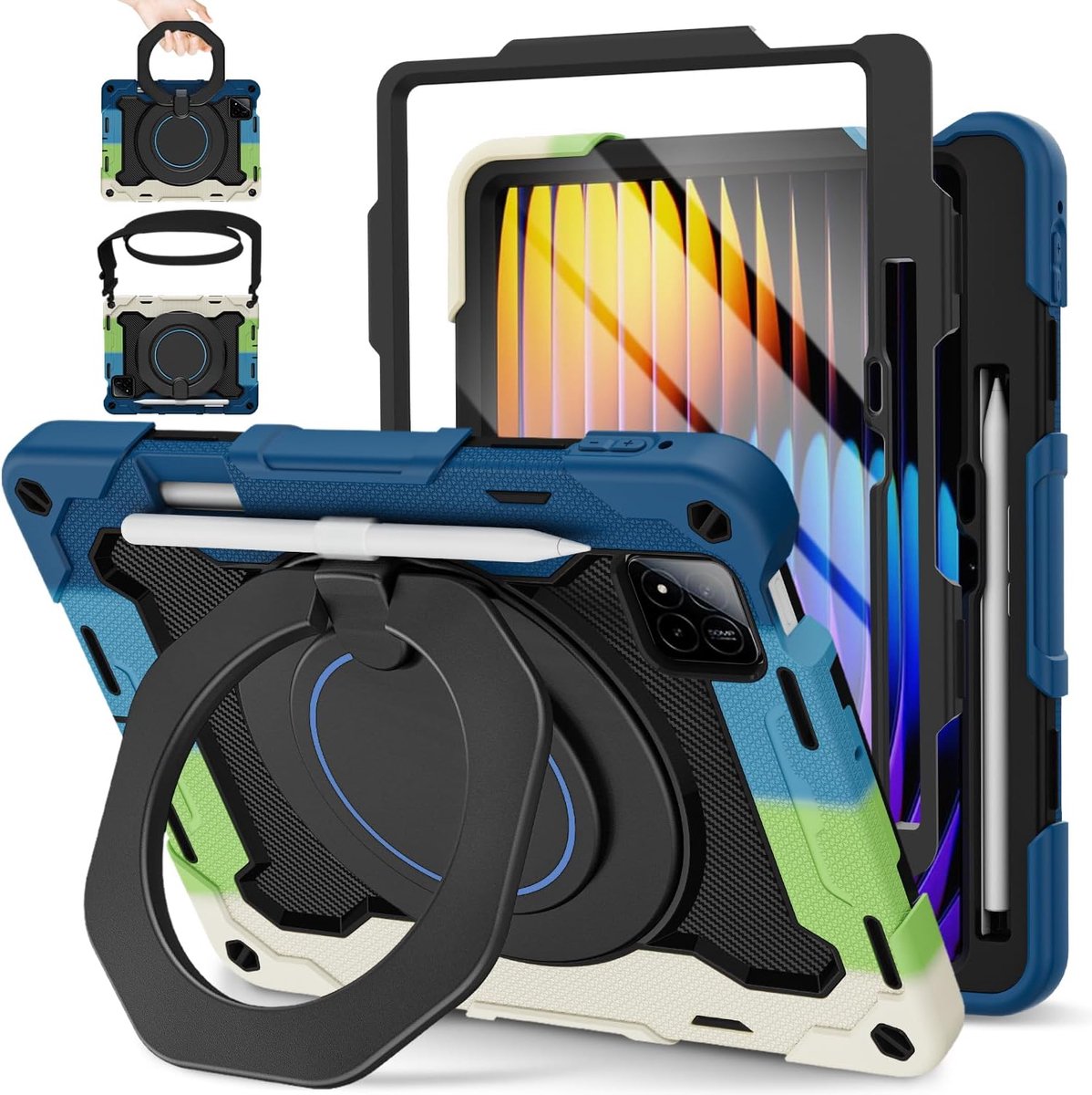 SnelShoppen - Heavy Duty Shockproof Case voor 11.2 Inch Tablet, 3-Laags Bescherming, Inclusief Schermbeschermer, Schouderband en Penhouder, Blauw, Per