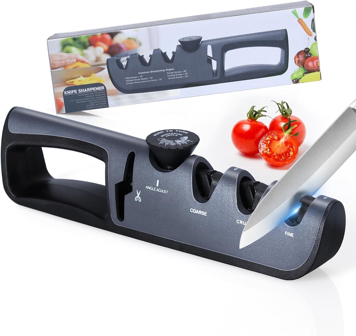 SnelShoppen - Professionele 4 in 1 Keuken Messenslijper, Ergonomische Handgreep, Antislip Basis, Voor Messen, Scharen en Meer, Zwart