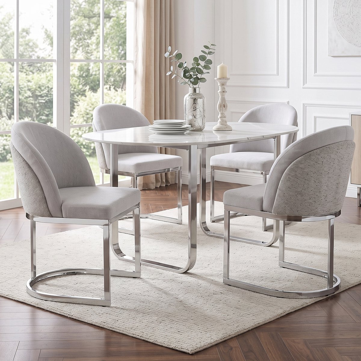 Pugsdrly 4 eetkamerstoelen, comfortabel en ademend, geschikt voor restaurants, woonkamers, cafés en andere locaties, moderne stijl, zilver gegalvaniseerde stoelpoten, chenille-stof, lichtgrijs + zilver,Zonder de tafel