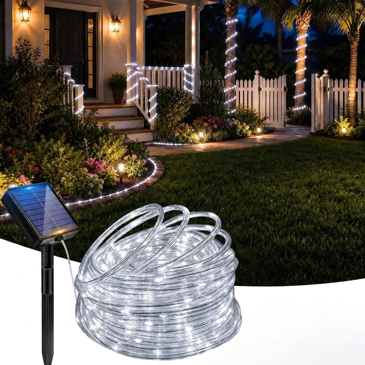 SnelShoppen - Solar Powered Rope Lights Outdoor Waterproof LED - 200 LED Tuinverlichting, 22M/72FT, 8 Verlichtingsmodi met Afstandsbediening, Flexibel