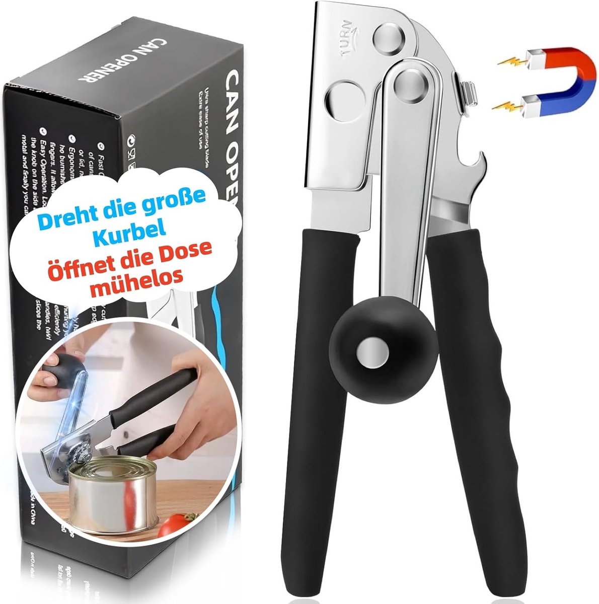 SnelShoppen - Professionele Handmatige Blikopener RVS, Ergonomisch Anti-slip Handvat, Veilige Glad Rand voor Ouderen, Keuken en Restaurant (Zwart)