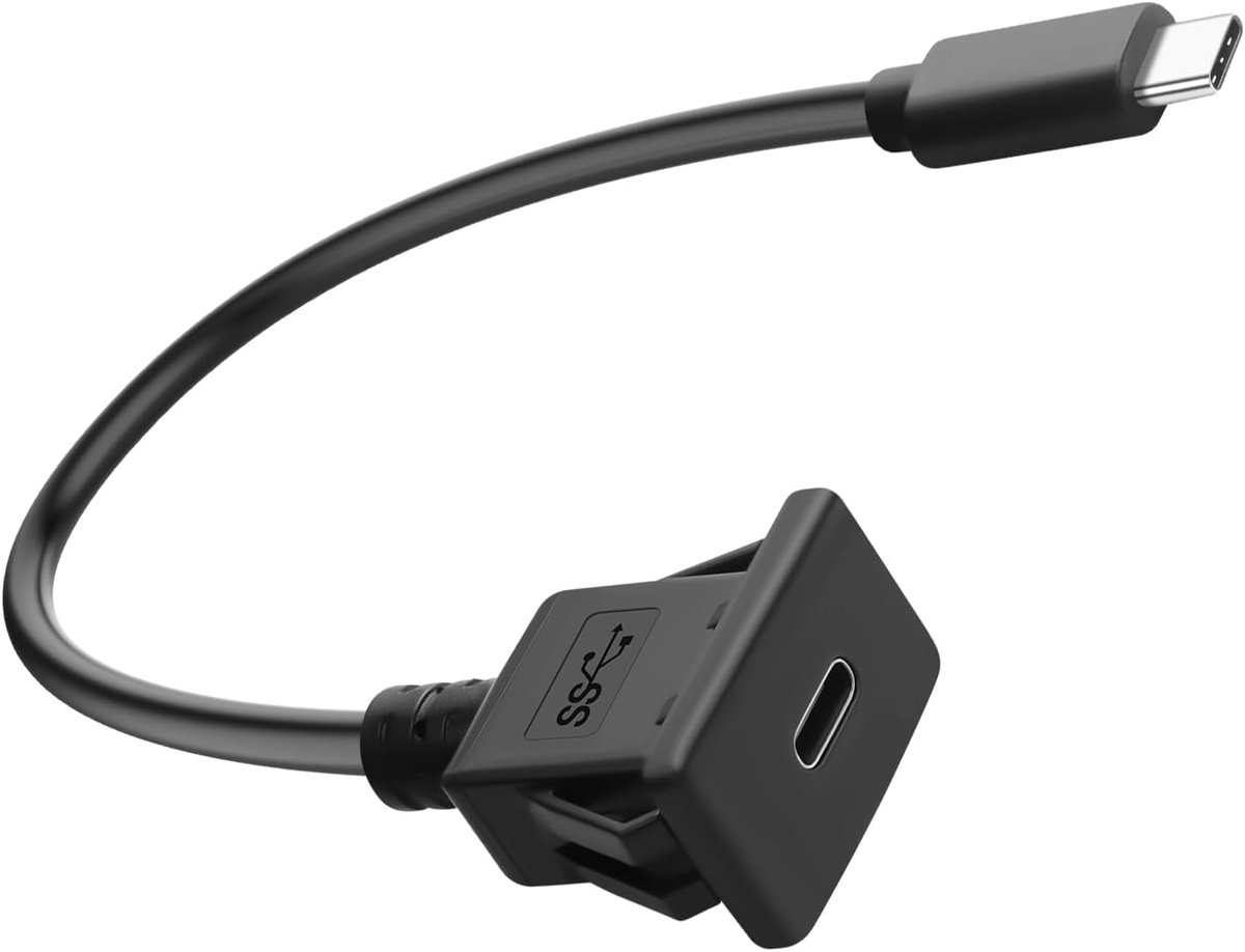 SnelShoppen - USB C Snap in Mount Adapter 5Gbps - Fast Charging Korte Kabel PD60W - Type C Male naar Female - Voor Auto/RV Dashboard - 20V 3A - Ideaal