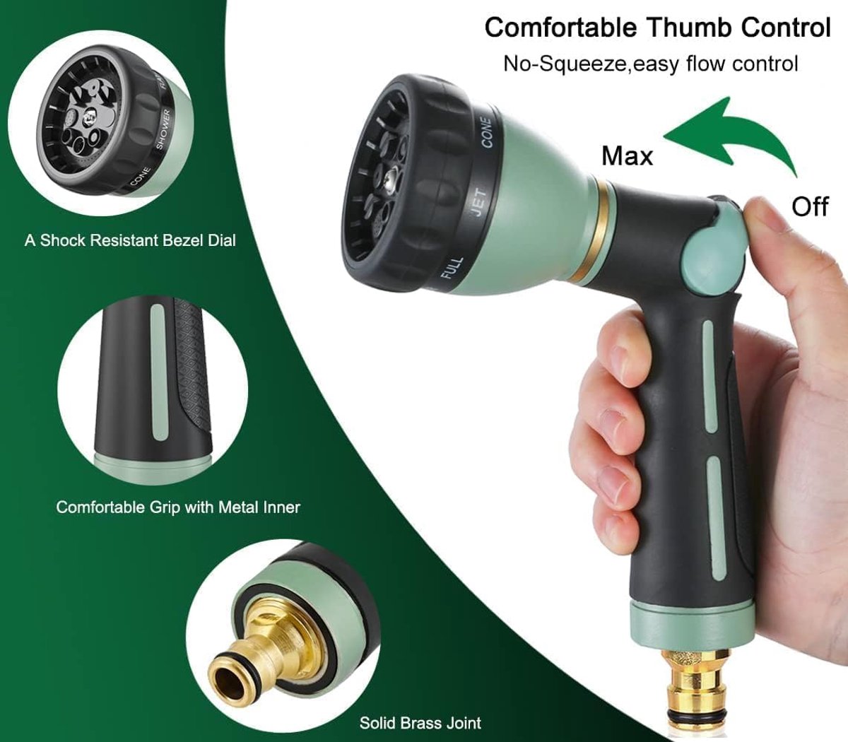 SnelShoppen - Tuinsproeier Handdouche, 100% Heavy Duty Metalen Tuinsproeier met 8 Functies, Hoge Druk Sproeikop met Duimcontrole voor Tuin Water geven