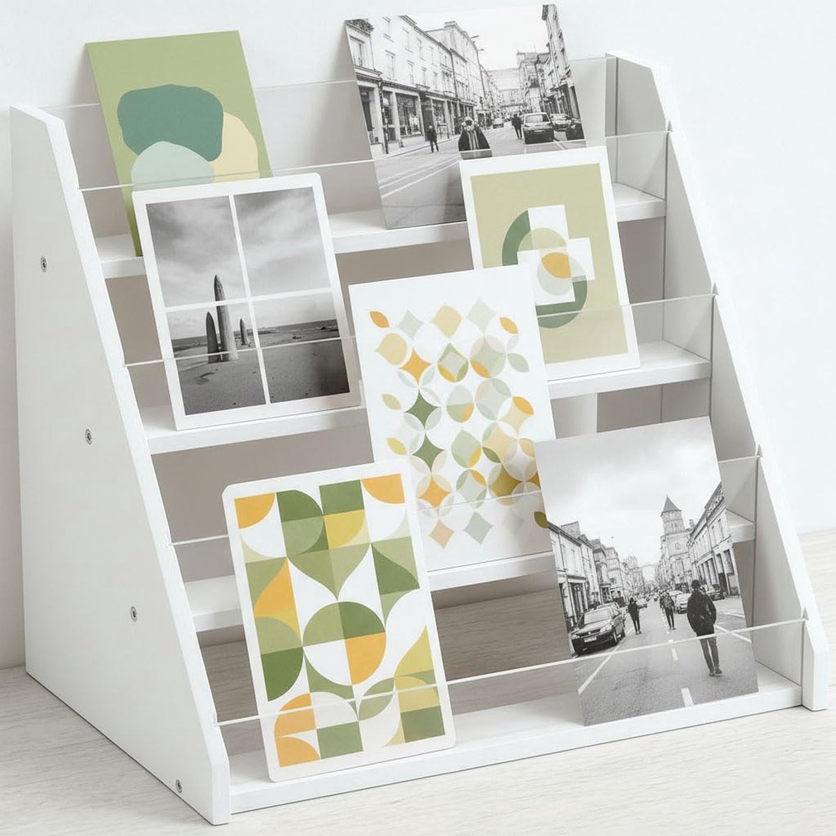 SnelShoppen - 4-laags Presentatiestand voor Wenskaarten, Bamboo en Acryl Postkaartenstand, Draagbaar Tafeltje, Presentatiestandaard voor Retail, Boeke
