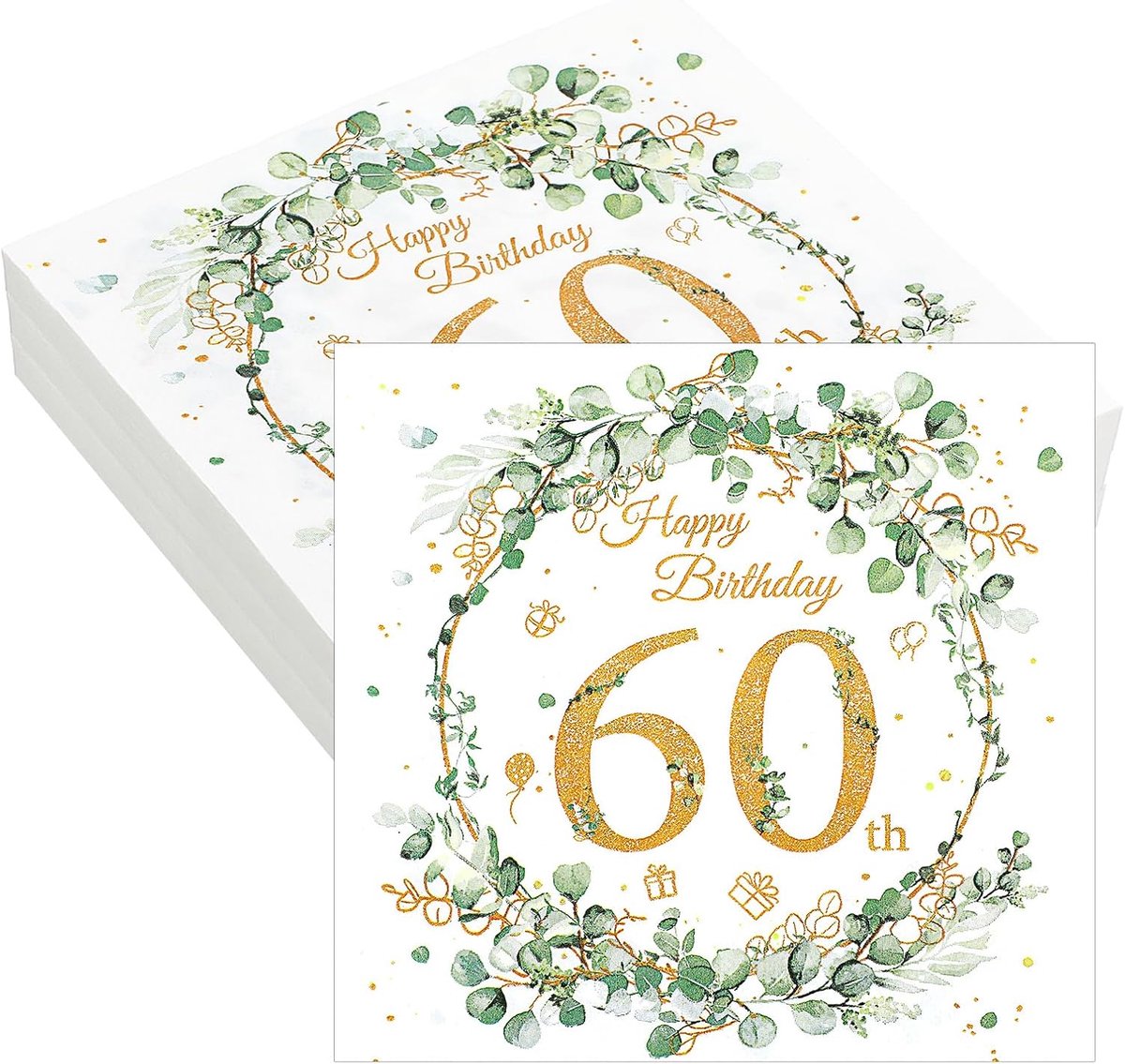 SnelShoppen - 60e Verjaardag Decoratie Servetten - 40 Stuks Eucalyptus Goud Groen Papieren Servetten - Perfect voor Wiegfeest Man Vrouw - Happy Birthd