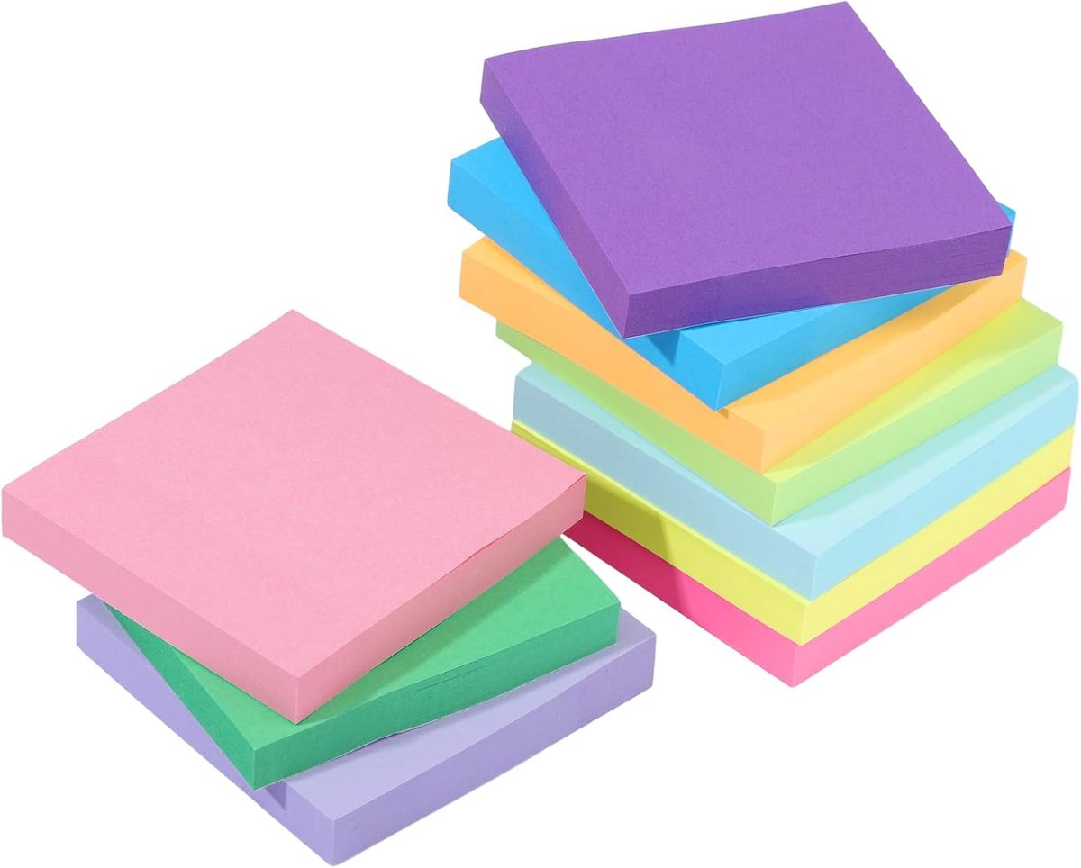 SnelShoppen - Sticky Notes 10 Kleuren, 75x75 mm, Zelfklevend, 100 Vellen per Kleur, 1000 Vellen in Totaal, Kleurrijk voor School, Kantoor, Thuis