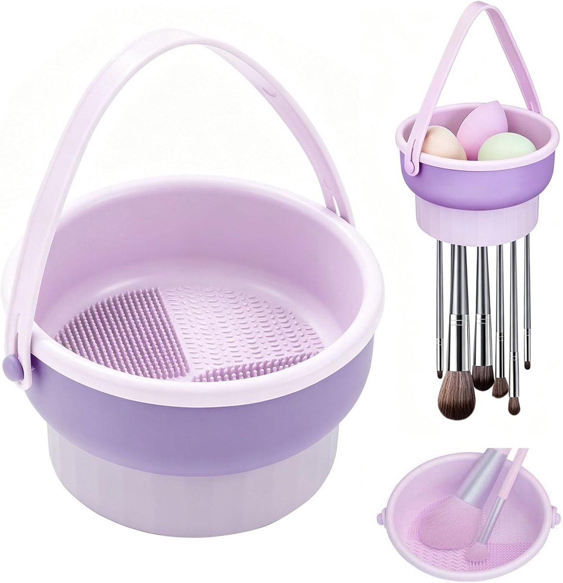 SnelShoppen - Penseelhouder Make-up, 3-in-1 Siliconen Borstelreiniger, Multifunctioneel Reinigingsmat voor Make-upkwasten en Spons, Paars, Ideaal voor