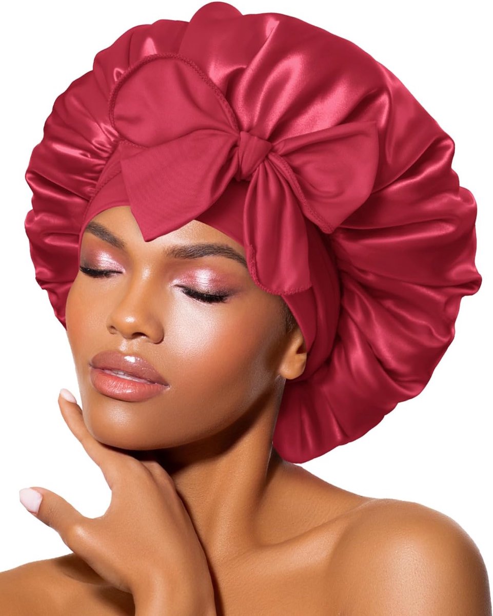 SnelShoppen - Satin Bonnet Dames Verstelbare Zijde Slapcap voor Krullend Haar met Lange Strik, Anti-Fluff en Ademend, Bordeaux