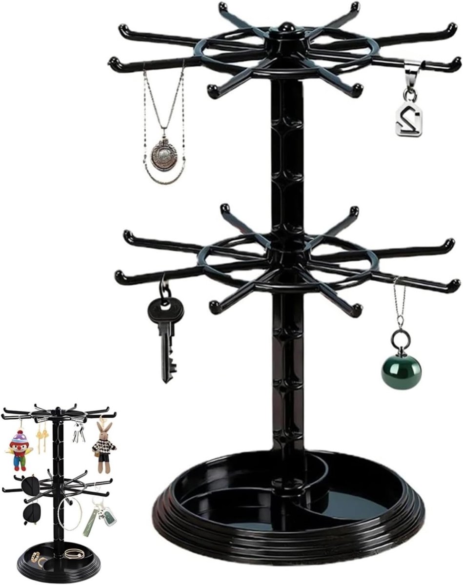 Multifunctionele draaistandaard met 2 niveaus voor het tentoonstellen en organiseren van sieraden, kettingen, armbanden, ringen en oorbellen. Perfect voor sieradenopslag en decoratie.