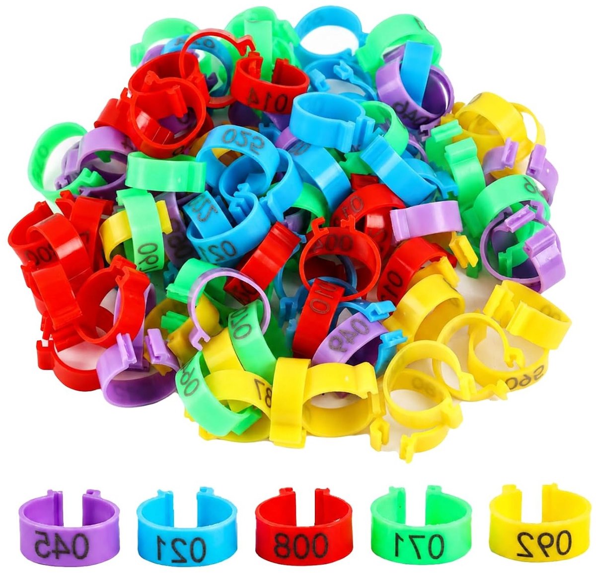 100 stuks clip-on beenringen voor gevogelte, kippen, eenden en ganzen, beentags in 5 kleuren (20 mm diameter) met duurzame lasergravure, ideaal voor fokken en identificatie