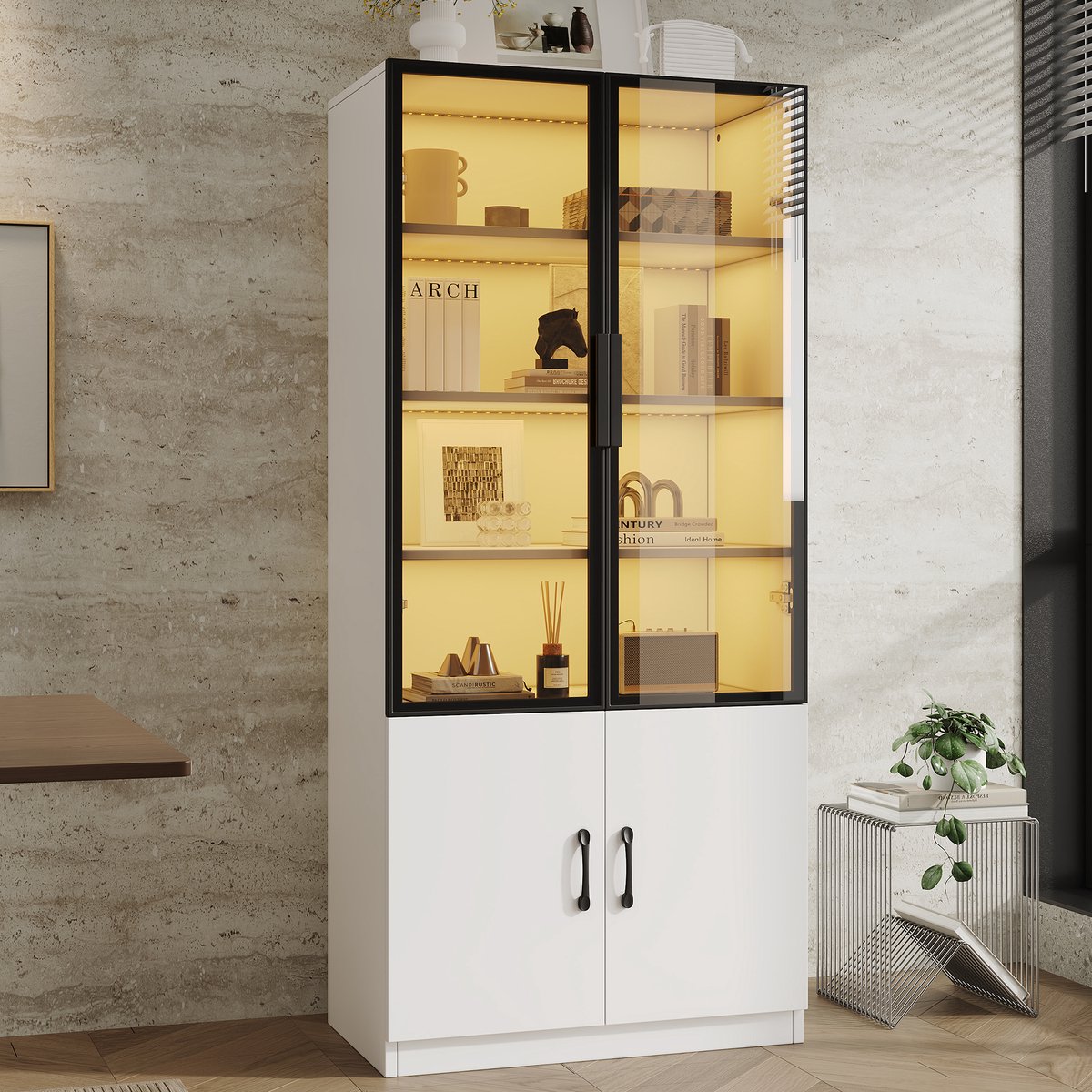 STILVORA Vitrinekast - Met Meerkleurige Ledverlichting En Rookglas - Met Onderkast Voor Woonkamer En Eetkamer - Wit - 60x40x160 Cm
