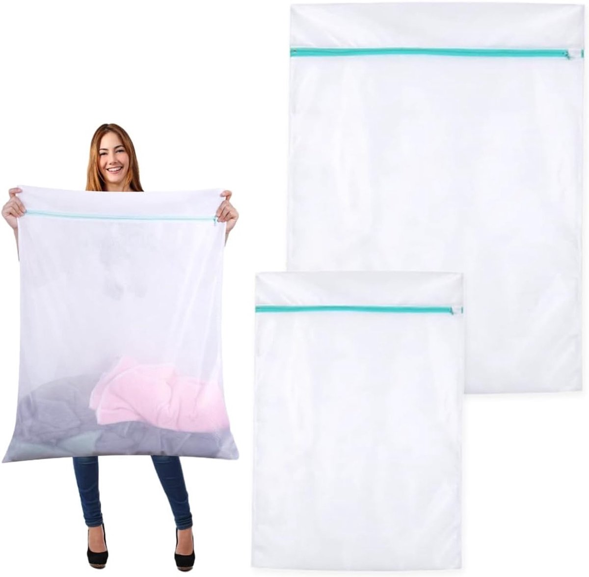 Set van 2 Wasnetten voor de Wasmachine - Fijne Mesh Polyester Waszakken met Verborgen Rits voor Dekens, Jassen en Speelgoed - 60 x 80 cm en 90 x 110 cm