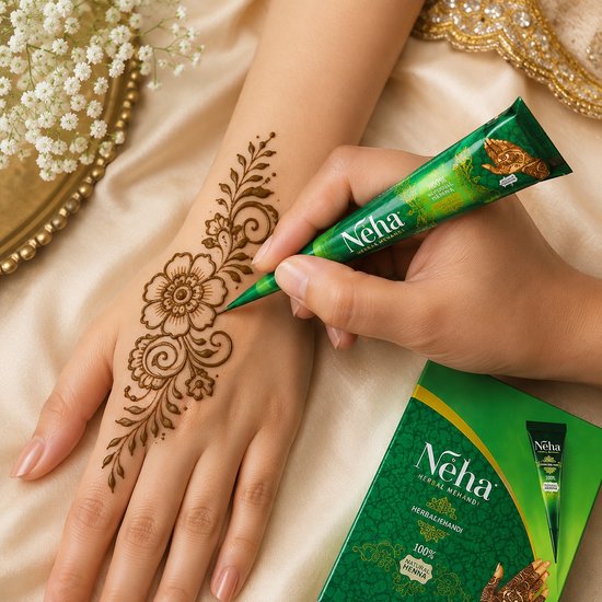 Een hand die een henna-bloem aanbrengt met een Neha Natural Henna-kegel.