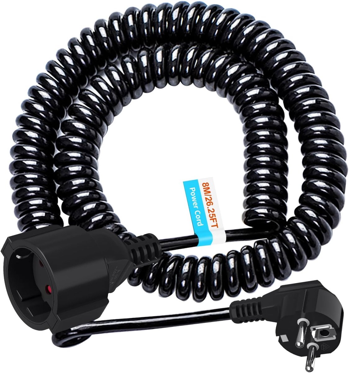 SnelShoppen - Grounded Spiral Extension Kabel 0.8m tot 8m - Indestructible 1.5 mm² Koper, IP54 Splash-proof, 250V/13A, Zwart, Voor Tuin, Keuken en Fes