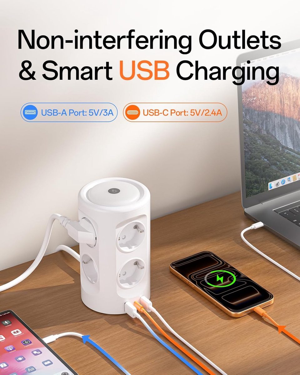 SnelShoppen - Power Strip met Licht, 8-Poorts Stekkerdoos met 3 USB, Overspanningsbeveiliging, 2m Verlengkabel, Cubesysteem voor Thuis en Op Reis, 3 V