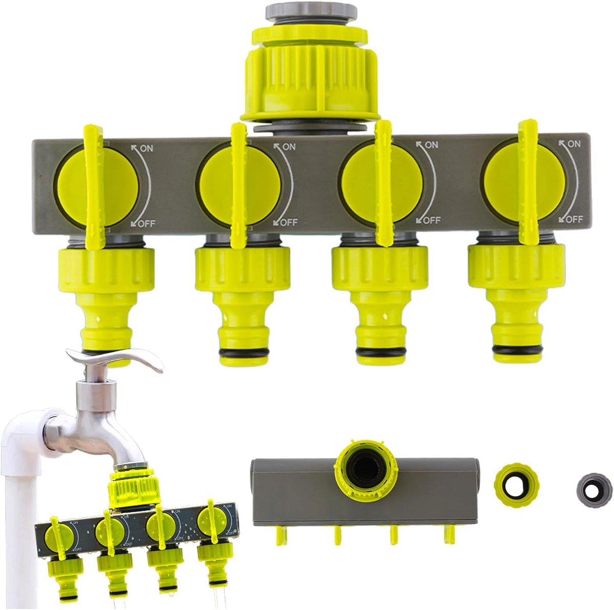 SnelShoppen - Multi-Tap Verdeelstuk 4-Weg, Tuinslang Splitter met Individuele Aan/Uit Ventielen, Slangverbinding voor Irrigatie Tuin Keuken, Groen