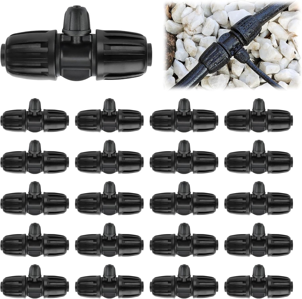SnelShoppen - 20pcs T Verbindingen Barbed Wire, Drip Irrigation Fittings Kit 1/2" naar 1/4" voor Tuin, Irrigatie, 12/16mm naar 4/7mm, Zwart