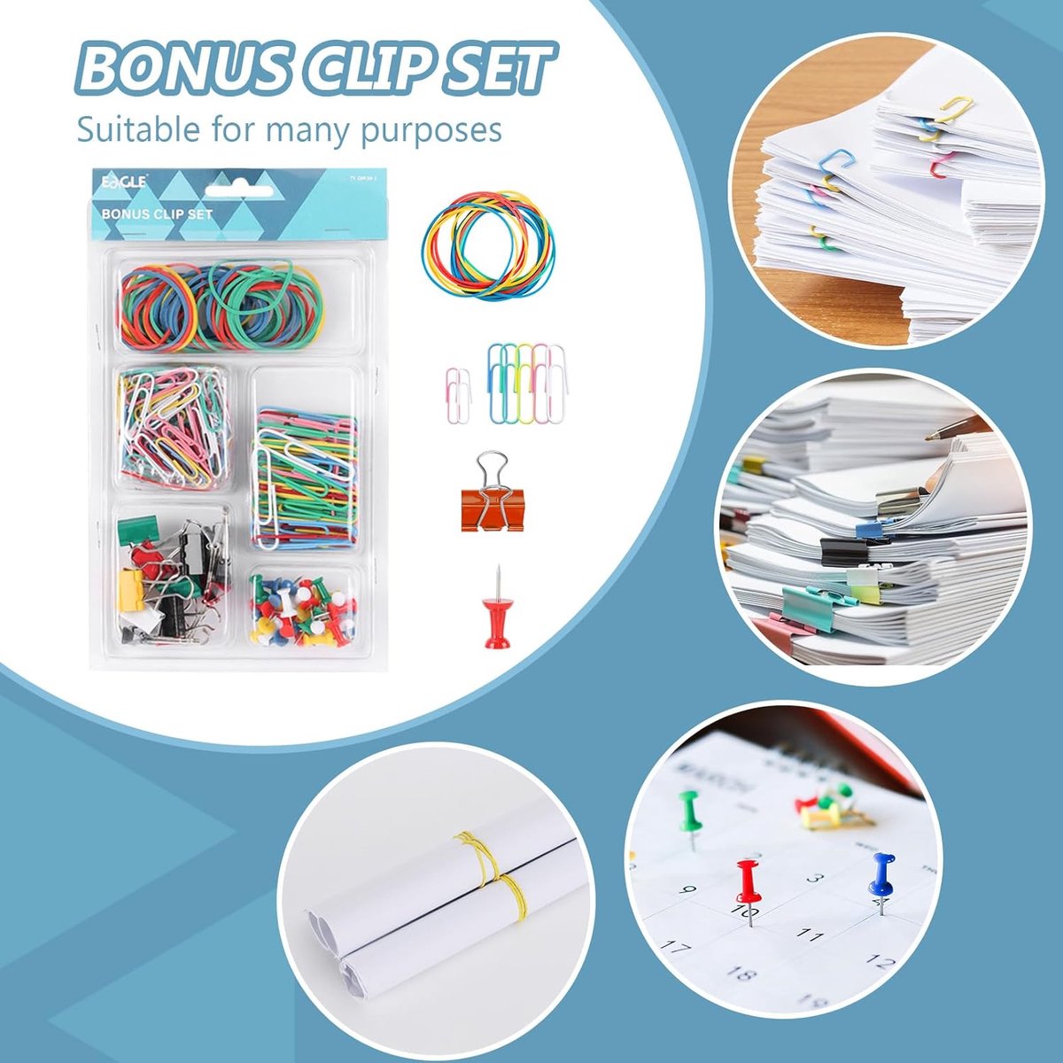 SnelShoppen - Paperclips Set 50mm en 33mm, 50 Stuks + Kleurige Push Pins, Rubber Bands en Binder Clips voor Kantoor, School en Thuis