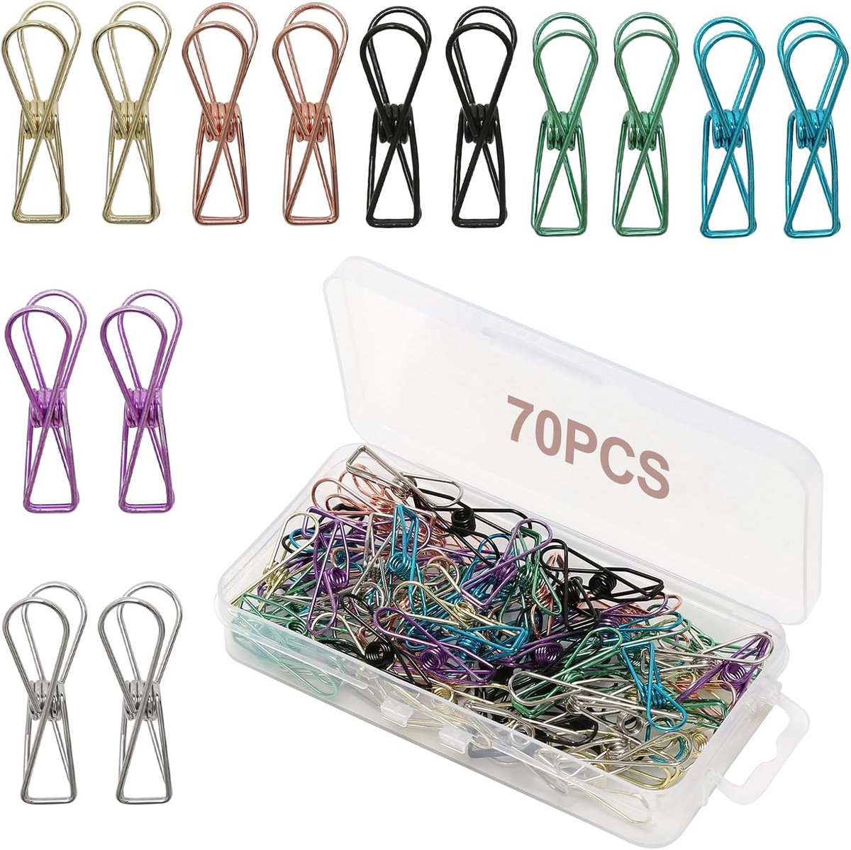SnelShoppen - Paper Clips 70 Stuks - Mini Binder Clips in 7 Kleuren - Multifunctionele Kantoorklemmen voor Documenten, Rekening en Creatieve Projecten