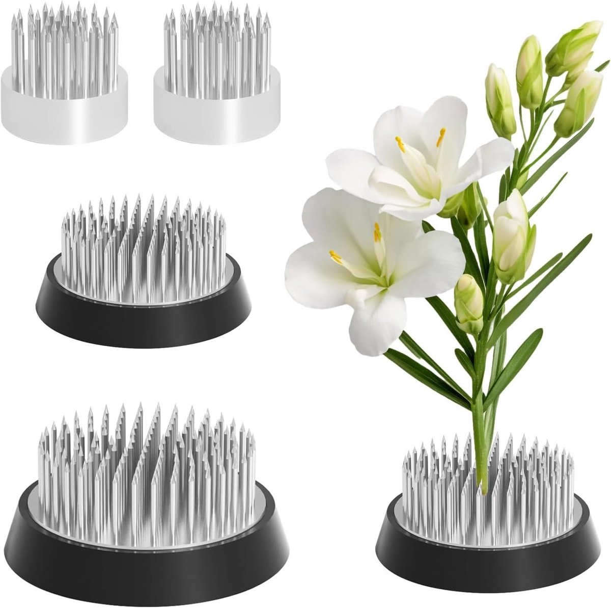 Roestvrijstalen steekegel bloemenhouderset met rubberen afdichtring voor bloemenarrangementen, 4 stuks in 3 maten, ideaal voor thuis en winkels