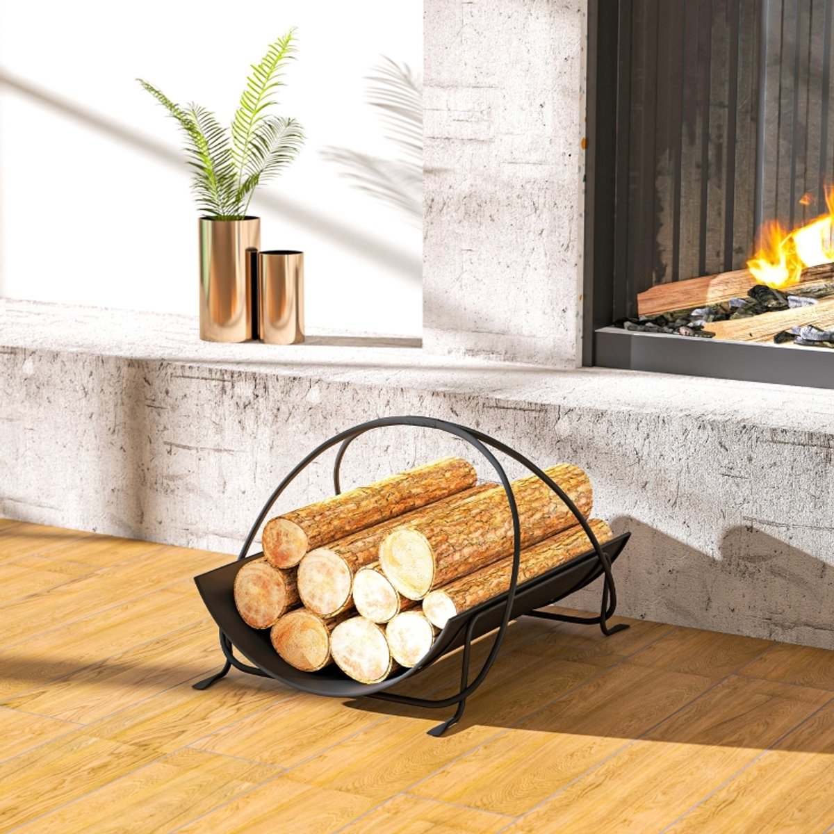 COVREO Haardhoutrek 51 x 38 x 33 cm – zwart metaal, met handgreep en verhoogde basis