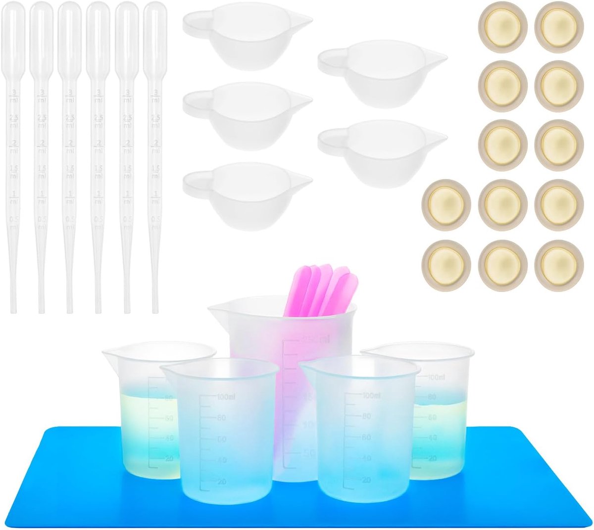 SnelShoppen - 36-delige Siliconen Maatbeker Set, 250ml en 100ml Mengbekers inclusief Roerstaafjes, Siliconen Mat en Pipet voor Hars, Verf en Glitter