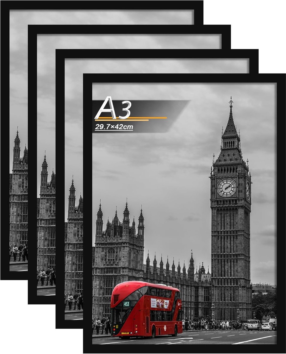 SnelShoppen - Set van 4 A3 Fotolijsten Zwart, Houten Fotolijsten voor Foto's, Posters, en Beelden, Modern Design, Perfect voor Woonkamer, Slaapkamer e