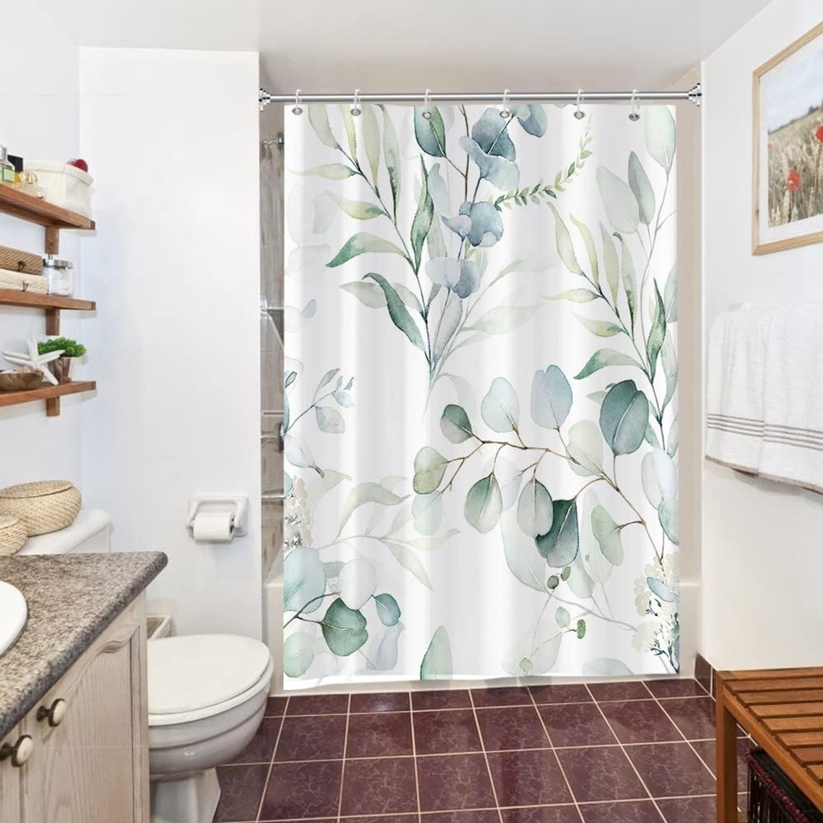 SnelShoppen - Eucalyptus Douchegordijn met Bladeren, Waterdicht en Antimicrobieel, 100% Polyester, 150x200 cm, Inclusief 10 Haakjes, Boho Stijl voor B