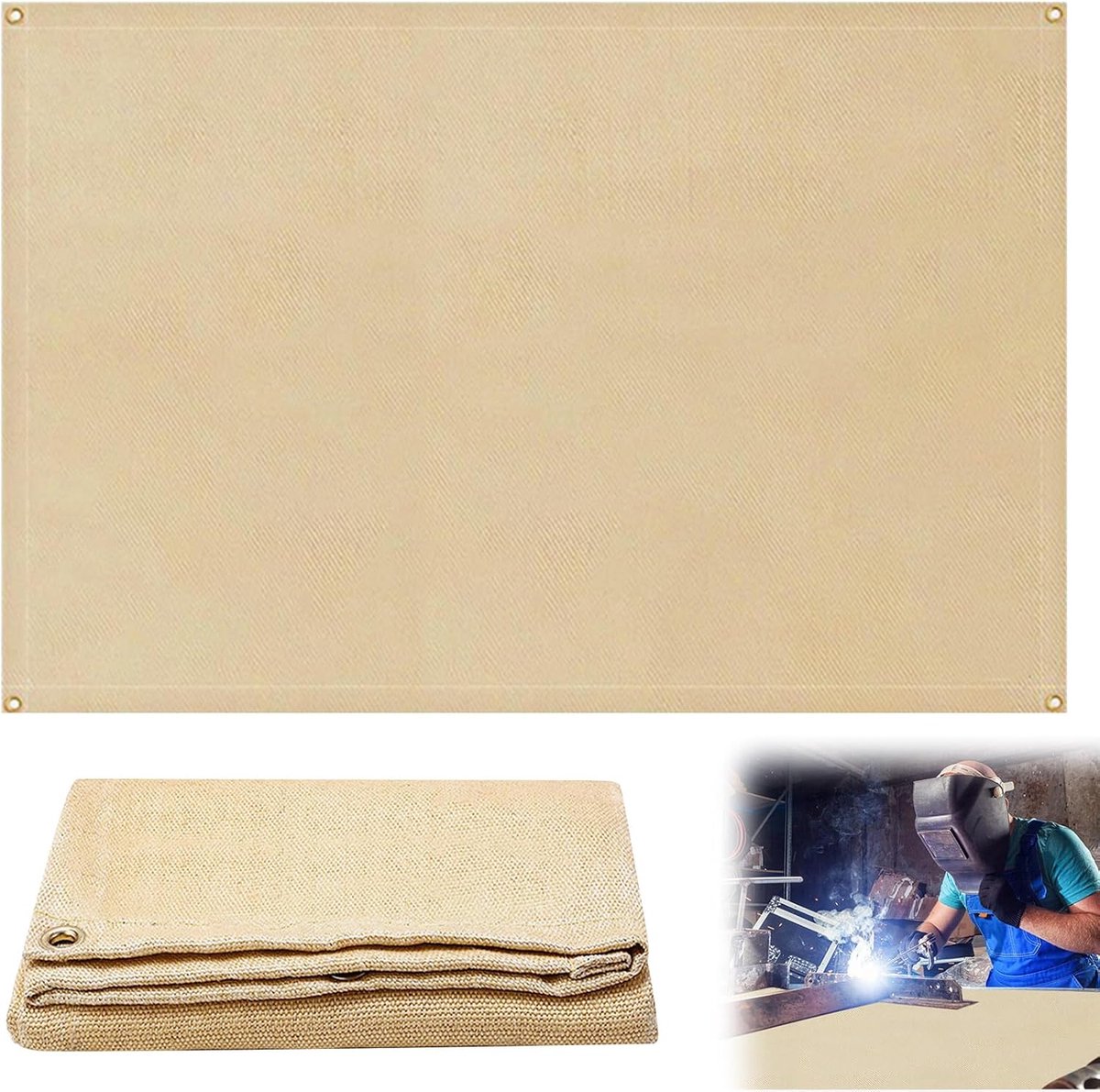 SnelShoppen - Vlamvertragende Mat Lasdeken 120 x 180 cm Goud Brandbeveiligingsmat met Oogjes Multifunctionele Vlamdichte Isolatie Dekens voor Industri