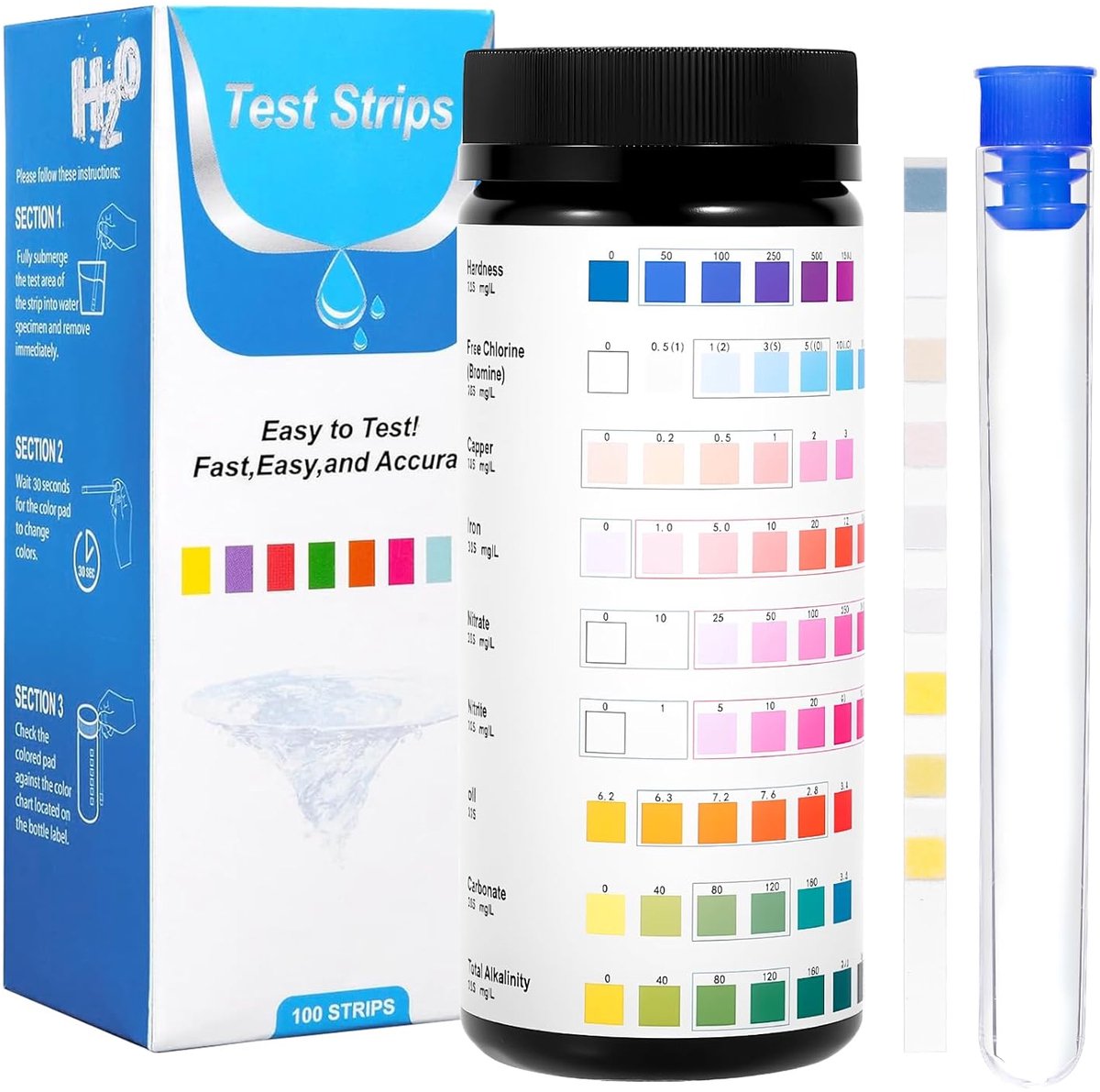 SnelShoppen - 100 Stuks 9-in-1 Aquarium Teststrips voor pH, Hardheid, Nitraat, Nitriet, Chloor, Alkaliteit, Koolzuur, IJzer en Koper - Voor Zoetwater