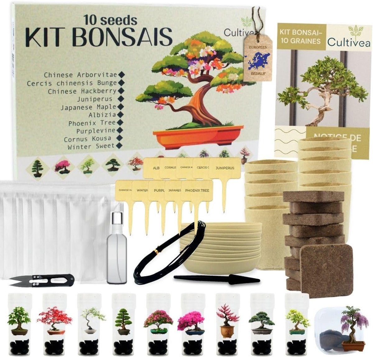 SnelShoppen - Bonsai Kit - Compleet Groei Set met 10 Bonsai Bomen - Zaden, Potten & Gereedschap - Perfect Cadeau voor Plantenliefhebbers & Beginners -