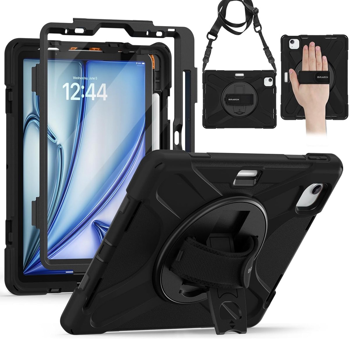 SnelShoppen - iPad Air 11 inch Case 2024/2025 - Rugged Bescherming met Ingebouwde Screen Protector, Pencil Houder, Stand & Schouderband - Ideaal voor