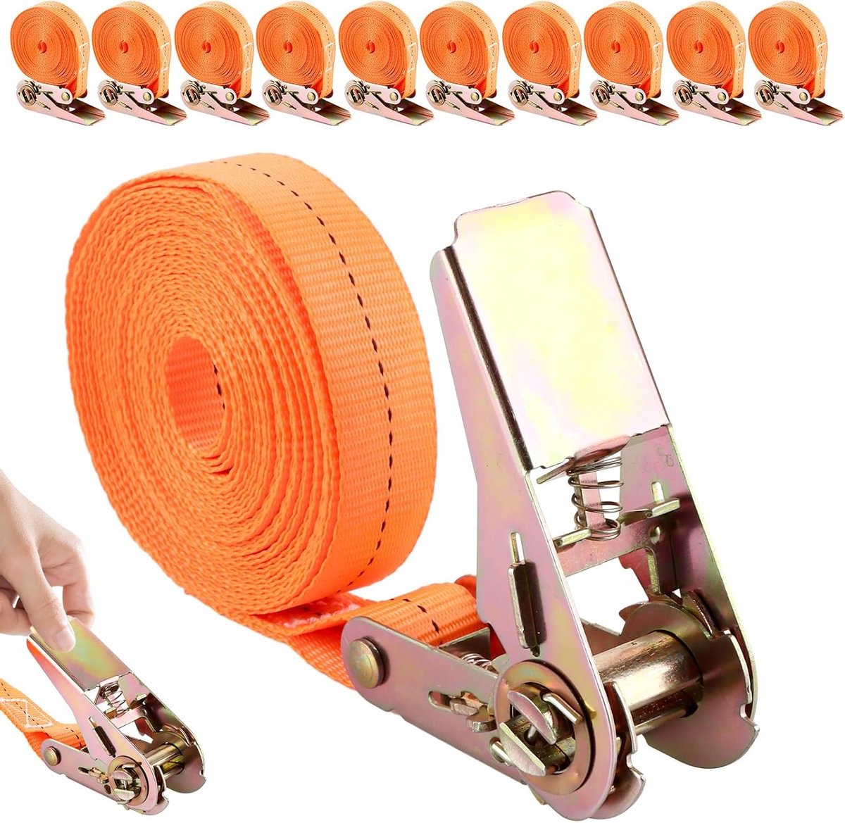 Kwalitatieve spanbanden 6 m x 25 mm, 10 stuks, ideaal voor camping, fietsen, verhuizing en transport van goederen