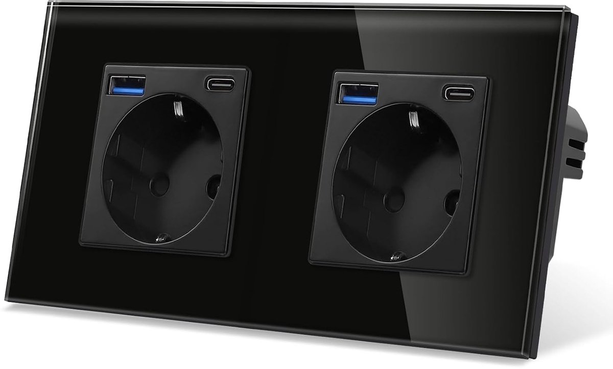 SnelShoppen - Schuko Glass Socket met USB A en Type C Poorten - Dubbele Wandcontactdoos met Glasframe - Zwart - Snelladen voor Mobiele Apparaten