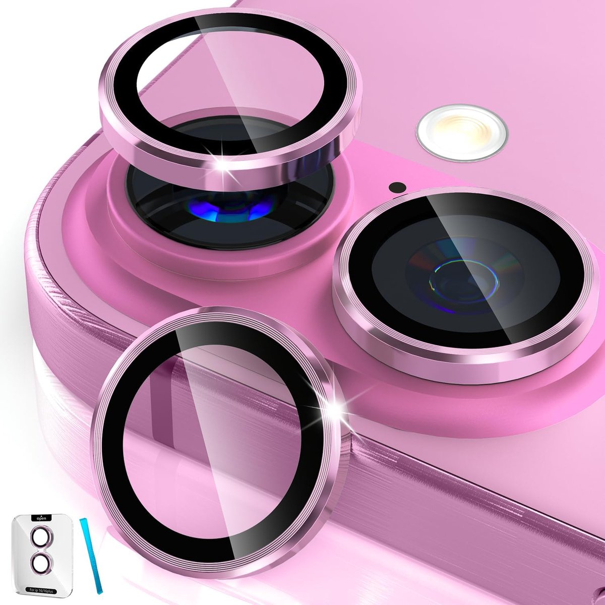 Thijox - iPhone 16 en 16 Plus Camera Lens Beschermer - AR+AF Gehard Glas, 9H Ultra-Stevige Metalen Lens Cover - HD Heldere Camera Accessoires - Roze