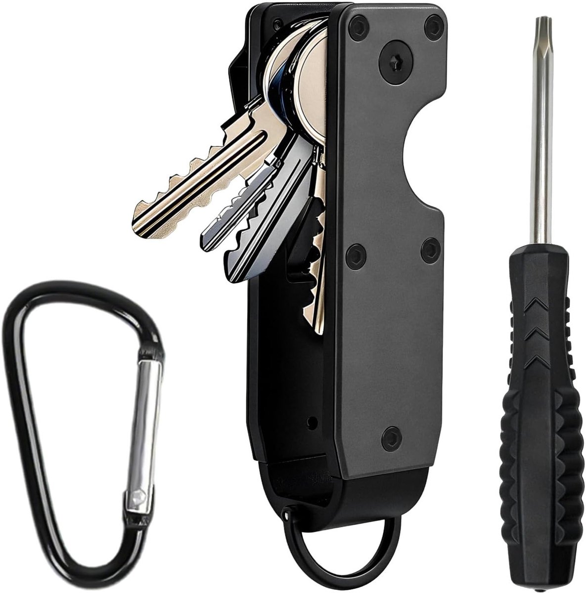 Zwarte sleutelorganizer met karabijnhaak en schroevendraaier, metalen keyholder voor maximaal 6 sleutels, ideaal voor dagelijks gebruik en reizen