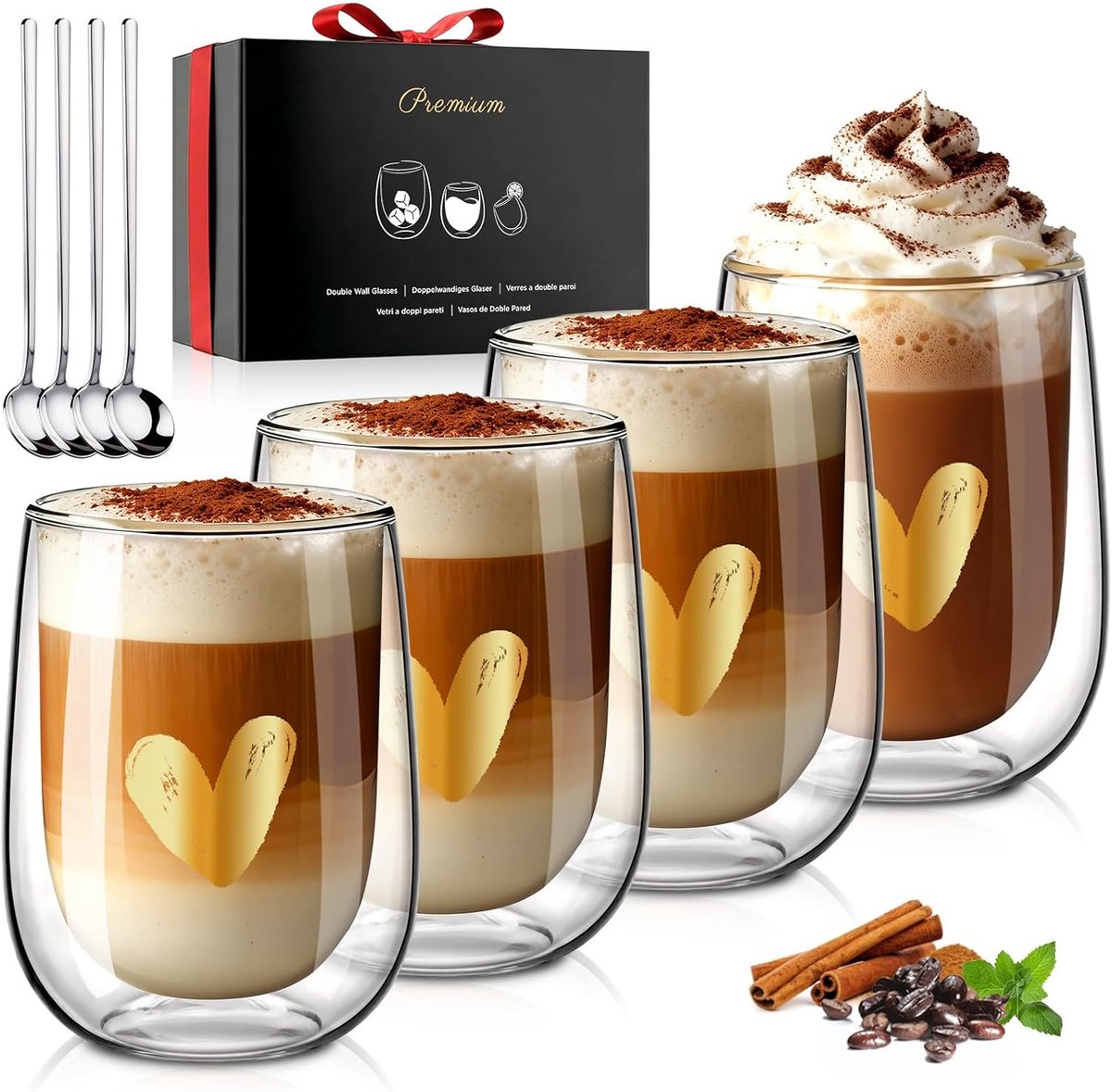 SnelShoppen - Glastal PREMIUM Dubbelwandige Latte Macchiato Glazen Set van 4 - 350ml - Ideaal voor Cadeaus, Vriendin, Verjaardag, Valentijnsdag, Kerst