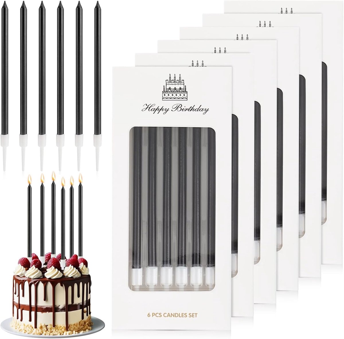 SnelShoppen - 36 Pcs Verlengde Jarenvieringskaarsen - Elegante Zwarte Cadeaukaarsen van Paraffine - Perfect voor Verjaardagsfeest, Evenementen & Jubil