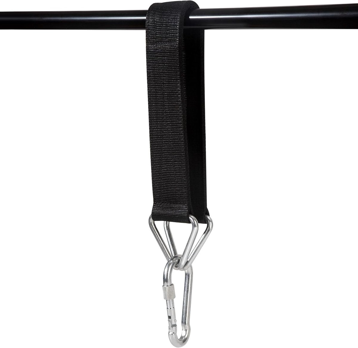 Robuuste Hangbeugel voor Bokszakken, Zwart, Met Nylon Strap en Karabijnhaak voor Optimale Stabiliteit en Veiligheid