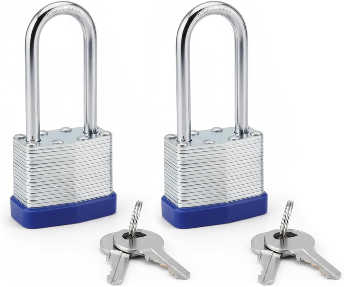 SnelShoppen - 2x Metalen Hangslot met Sleutel, Veiligheidsvergrendeling met Lange Haak voor Kluis, Garage, Tuinpoort en Omheining