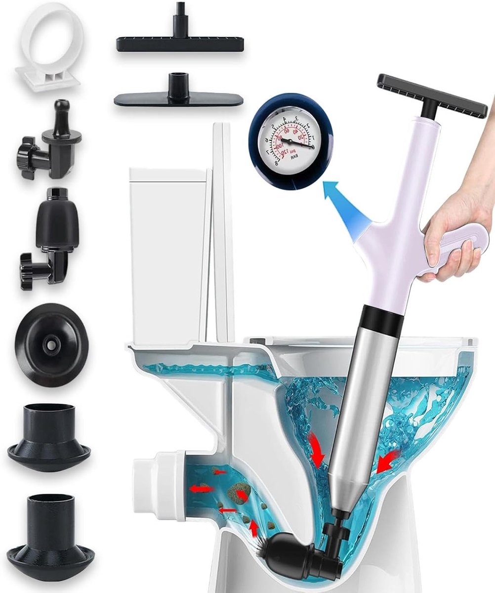 Effectieve Buisreiniger met Perslucht en Luchtdrukweergave voor Afvoer, Toilet en Keuken - Inclusief 4 Zuignappen voor Optimale Reiniging