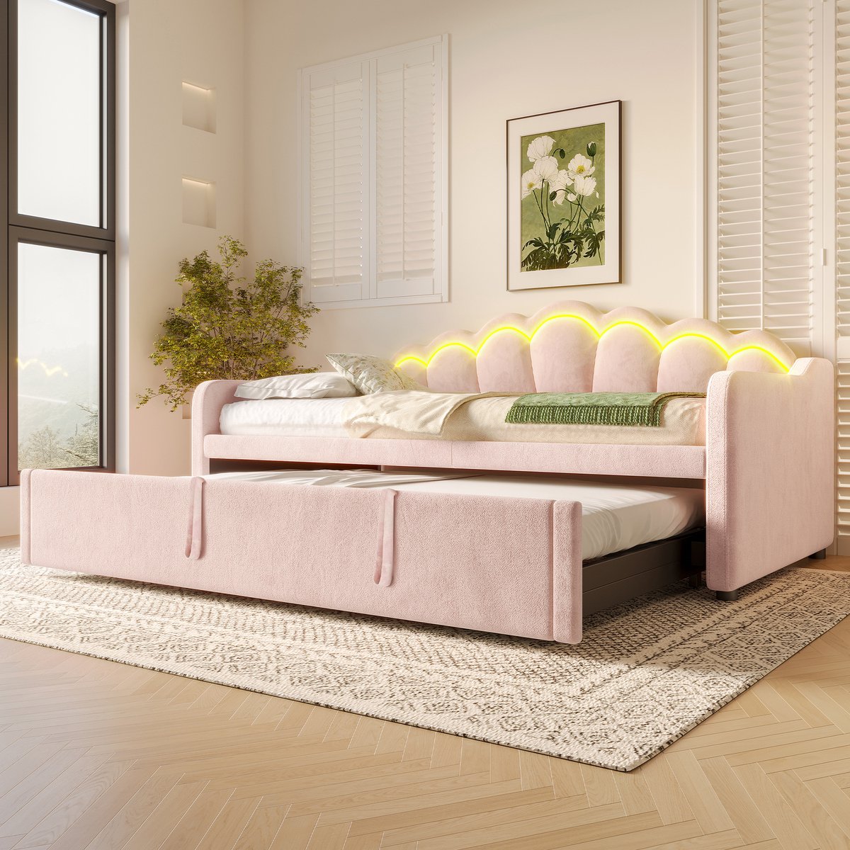 Slaapbank 90x200 cm - Uitschuifbaar Bed Met LED-Verlichting En Golfvormig Hoofdbord - Zonder Matras - Fluweel En MDF - Roze