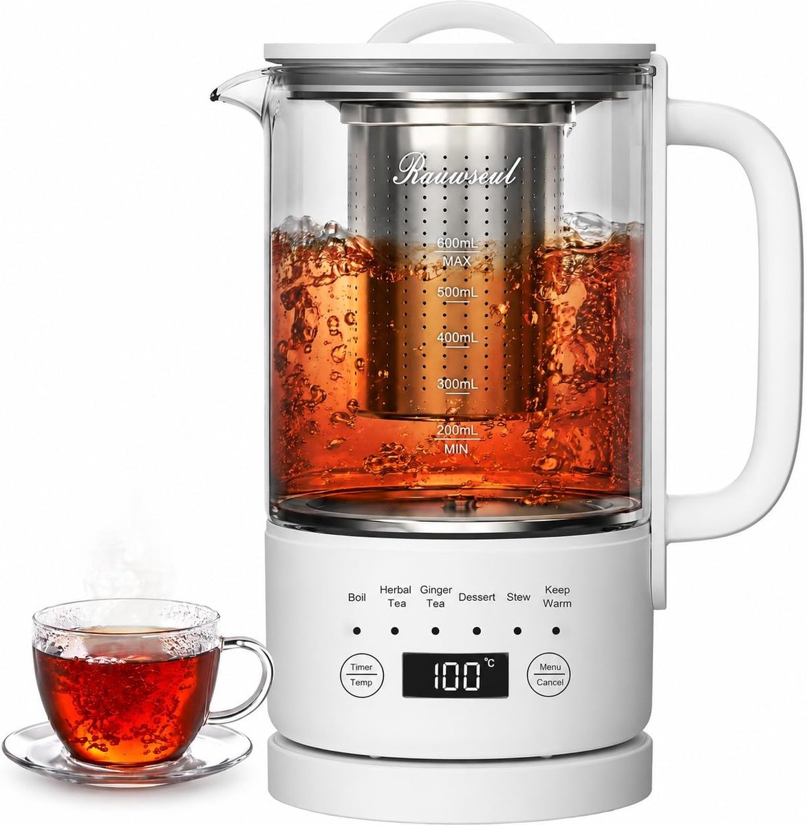 Thijox - Multifunctionele Waterkoker 0,6 L met 6-in-1 Kookmodus, 24-uurs Timer en Temperatuurregeling 40-75 °C, BPA-vrij Roestvrij Staal, 500 W voor K