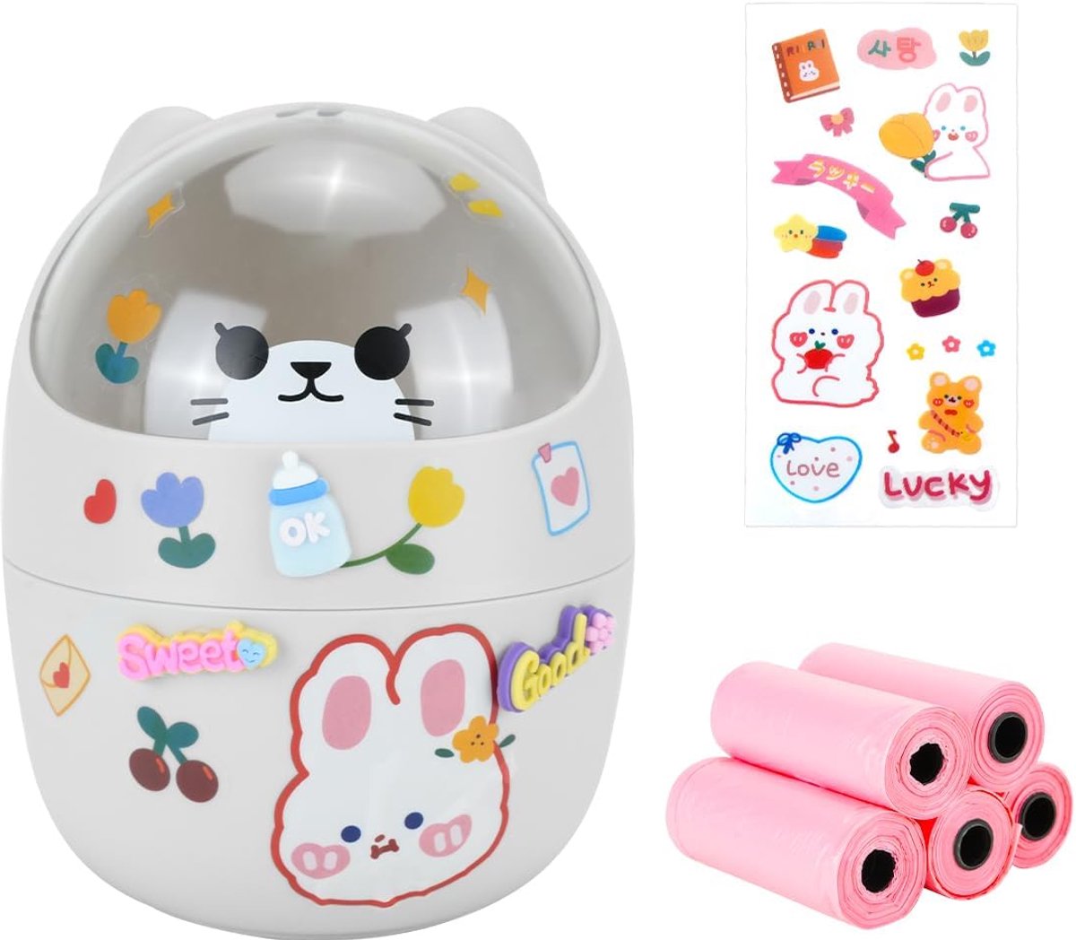 SnelShoppen - Mini Tafelafvalbak met Deksel, Schattige Cartoon Prullenbak, Draagbare Afvalemmer met 5 Rollen Vuilniszakken en Leuke Stickers, Kinderen