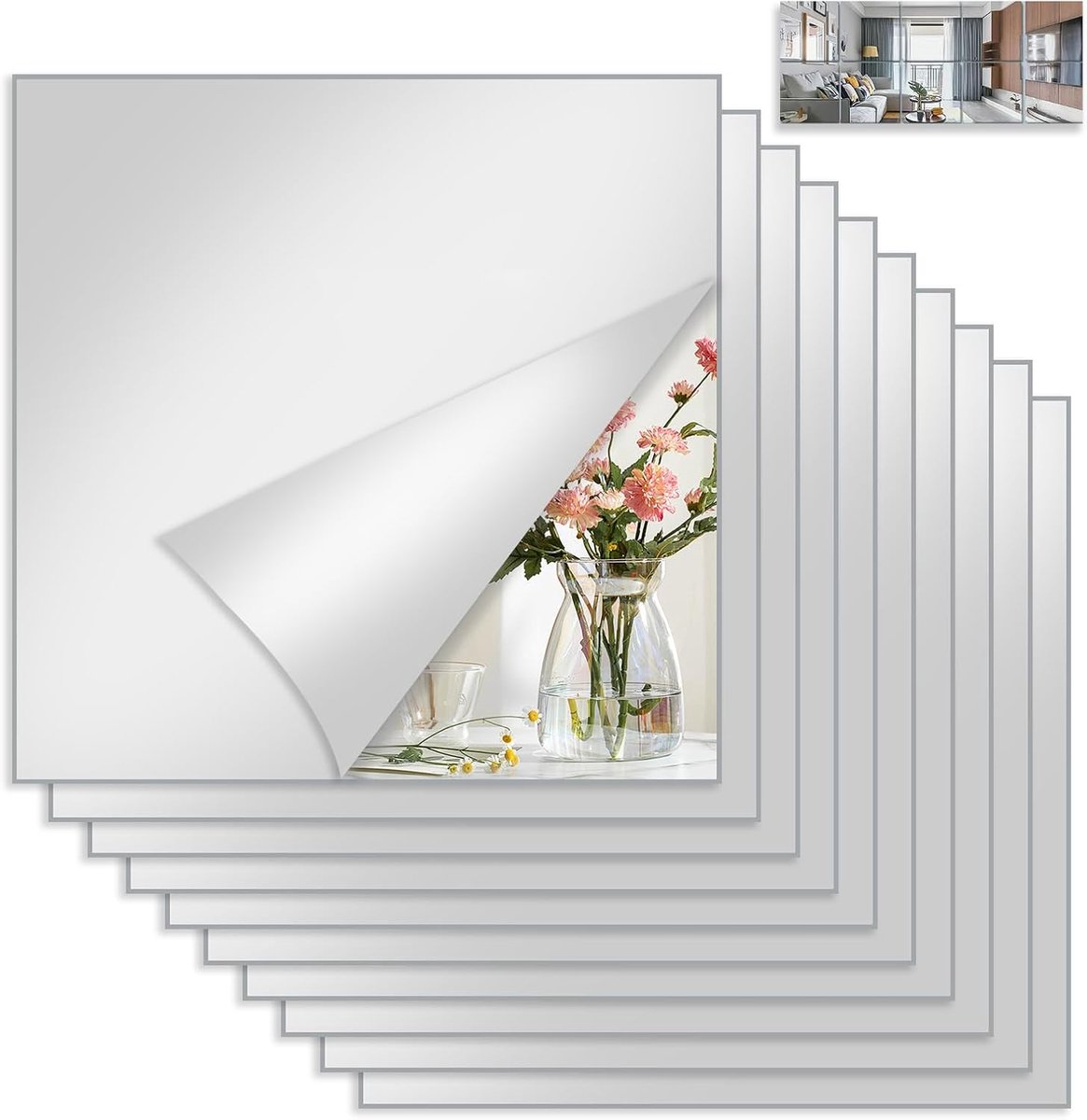 Thijox - Set van 4/10 Zelfklevende Spiegels, Vierkante Spiegeltegels 20x20 cm, Acrylspiegels Zonder Boren, Ideaal voor Wanddecoratie in Woonkamer, Bad