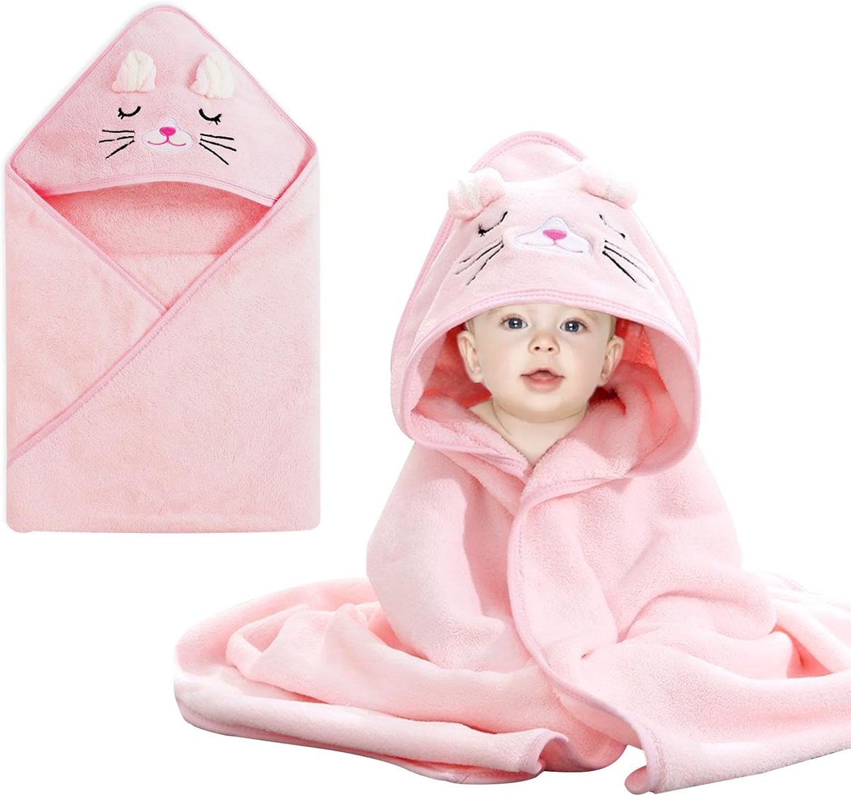 SnelShoppen - Baby Badhanddoek met Capuchon, Absorberend 80 x 80 cm, Schattig Kat Design, Roze, 1 Stuk, Ideaal voor Baby's, Cuddly Blanket, Speelmat