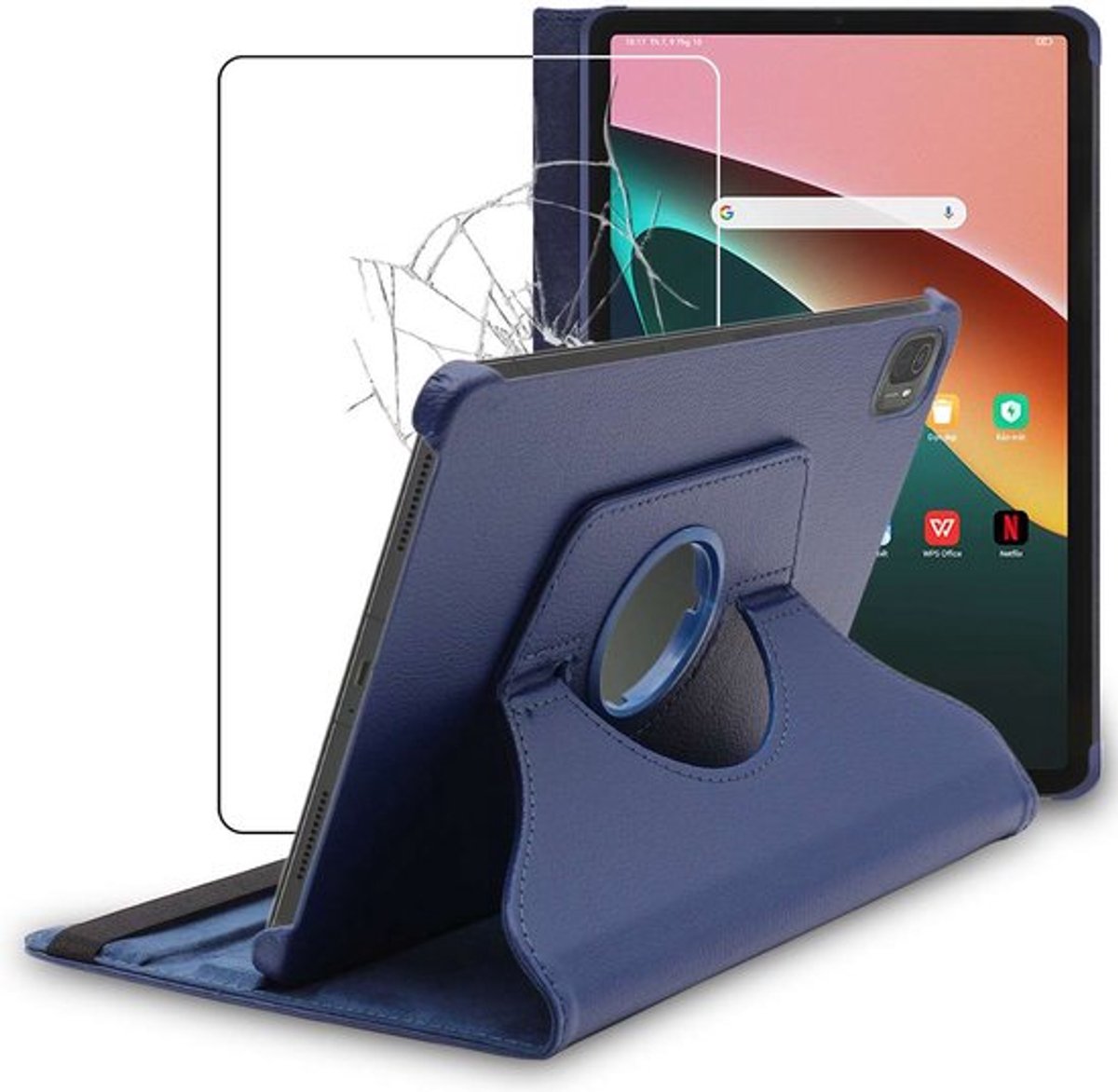 ebestStar - Hoes geschikt voor Xiaomi Pad 5, Pad 5 Pro, 5G (2021), Roterende Etui, Case, 360° Draaibaar hoesje, Donkerblauw + Gehard Glas