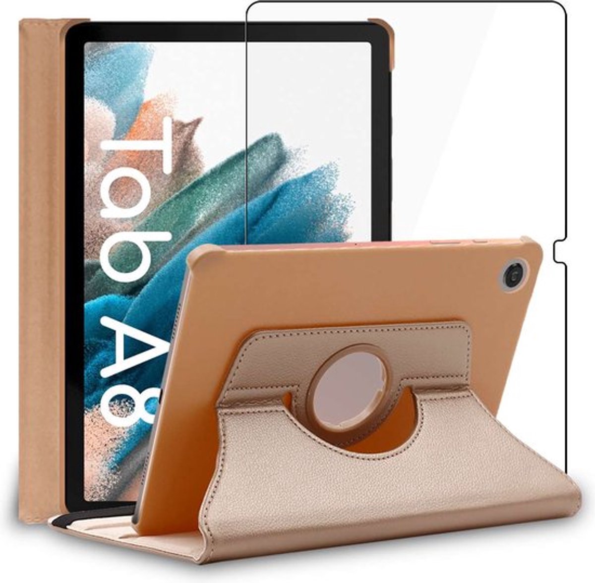 ebestStar - Hoes geschikt voor Samsung Galaxy Tab A8 10.5 (2021) SM-X200 X205, Roterende Etui, Case, 360° Draaibaar hoesje, Goud + Gehard Glas