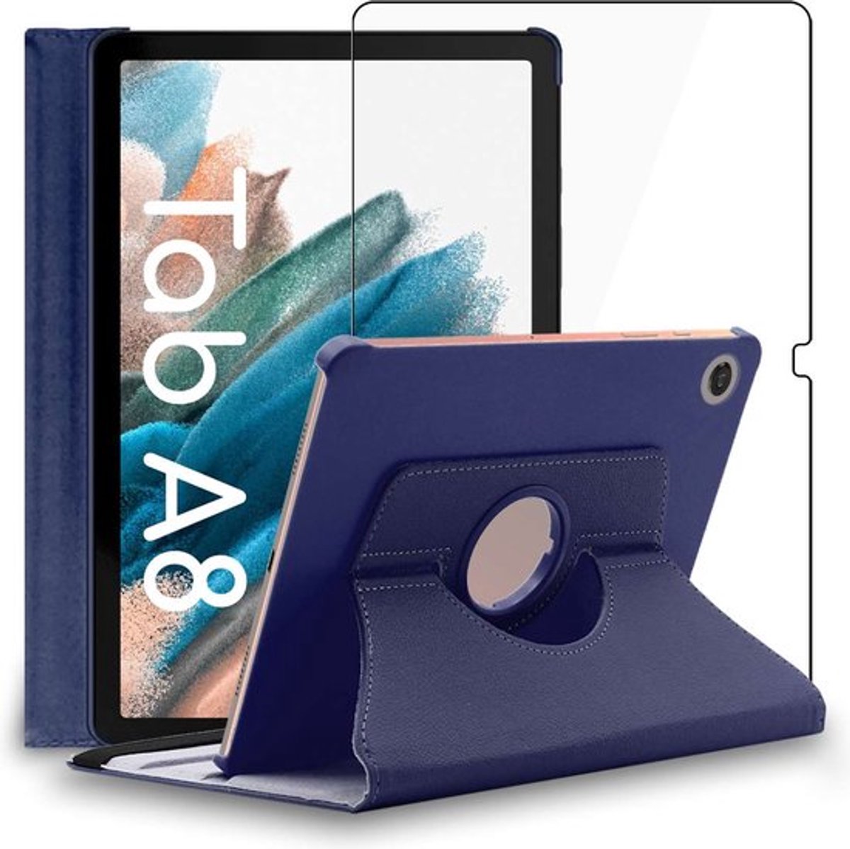 ebestStar - Hoes geschikt voor Samsung Galaxy Tab A8 10.5 (2021) SM-X200 X205, Roterende Etui, Case, 360° Draaibaar hoesje, Donkerblauw + Gehard Glas